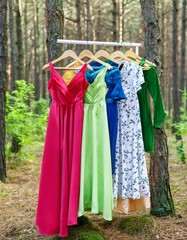 Circular economy. Offbeat image. Clothes hanger with dresses in the forest. Concept for organic clothes, eco-friendly, ecological fashion.