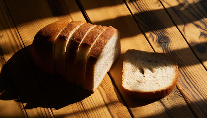 Fresh cut loaf on wooden table. Tasty bread. Homemade bakery. Baked goods. Top view. - obrazy, fototapety, plakaty