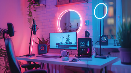In this room of white colors, you can see a desk with a laptop, microphone, phone, an led ring lamp on a tripod, neon lights, and a streamer table with a laptop, a microphone, and a phone. This room