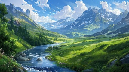 Flowing river and mountain scenery on easel art. Beautiful summer scene of Switzerland panorama illustration. Stream of flowing water and grassy landscape.