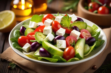 A fresh Greek salad with ripe tomatoes, cucumbers, feta cheese, and olives