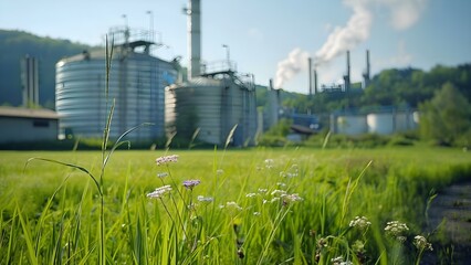 Fototapeta premium Ecofriendly biofuel storage tanks in a green grassy meadow near a factory. Concept Ecofriendly Fuel Storage, Green Meadow Setting, Factory Background, Sustainable Energy Solutions
