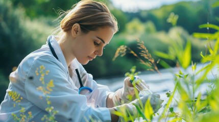 A female scientist in a lab coat is collecting a water sample from a river in a natural landscape, surrounded by trees, grass, and a clear blue sky AIG50