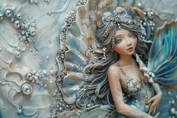 3D whimsical oil painting featuring a beautiful mermaid with a gentle smile. She has a blue tail adorned with beautiful diamonds and silver glitter, and she holds a shimmery large shell
