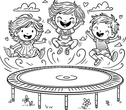 Cartoon happy kids jumping on trampoline. Children summer activities clipart. Blacka nd white vector illustration