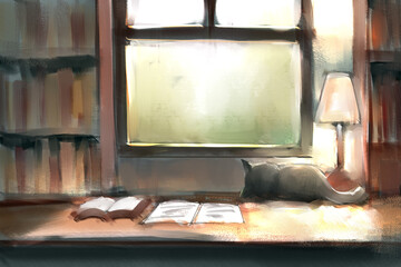 Black cat on desk in reading room, digital art painting, loosely painterly style.