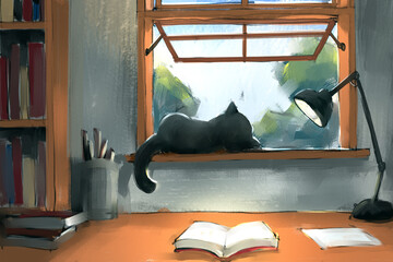 Black cat on desk in reading room, digital art painting, loosely painterly style.