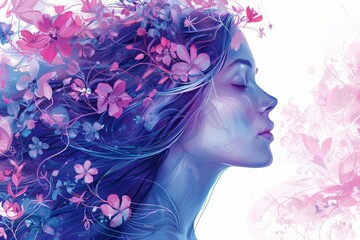 Side profile illustration of a woman with her eyes closed. Intricately intertwine her hair with vibrant pink and purple flowers to give her an ethereal and artistic appearance