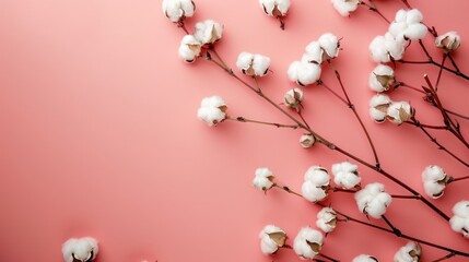 A beautiful sprig of cotton on a pink background, a place for text. Delicate white cotton flowers.