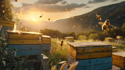 An apiary in the Altai mountains. A field with colorful wooden beehives and bees flying around them