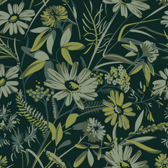 Seamless pattern with flowers - Chamomilla, Clover, Achillea Millefolium and grass isolated on the black background. Hand-drawn illustrations of wildflowers.
