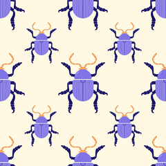 Seamless pattern with blue beetles on a light background