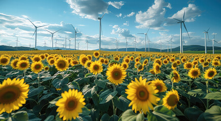The expansive sunflower fields in the foreground with a backdrop of wind turbines from the wind farm. Generative AI.