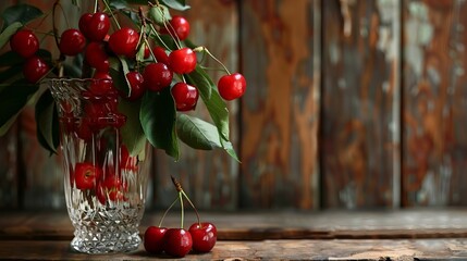 Imagine a crystal vase filled with sweet cherries, sitting gracefully on a rustic wooden background. The rich red hues of the cherries contrast beautifully with the earthy tones of the wood