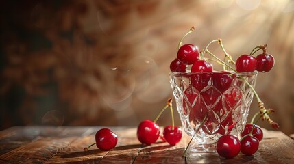 Imagine a crystal vase filled with sweet cherries, sitting gracefully on a rustic wooden background. The rich red hues of the cherries contrast beautifully with the earthy tones of the wood