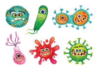 Set of viruses, bacteria and germs cartoon character with funny faces. Microscopic cell illness, bacterium and microorganism. Vector illustration