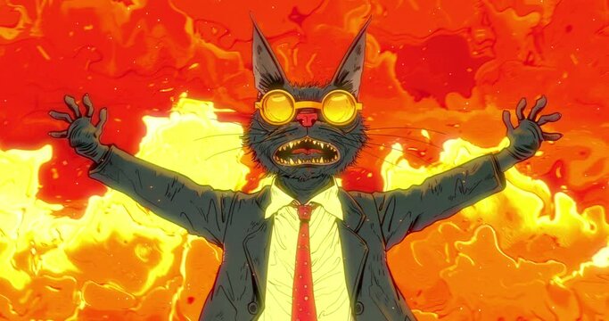 Loop animation collage. Crazy cat professor on fire.