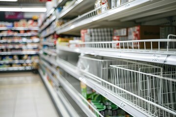 an empty shelf for product placement in the supermarket with blurred background 