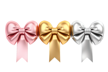 Trio of Vibrant and Chic Bows. On a White or Clear Surface PNG Transparent Background.