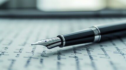 A black and white photo of a fountain pen resting on an open notebook with white grid paper.

