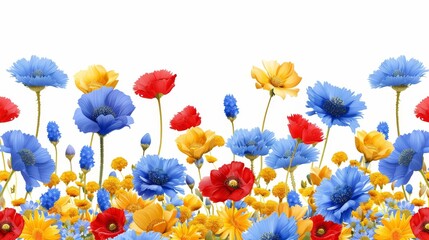 An image of chamomile, cornflowers, and poppies on a white background
