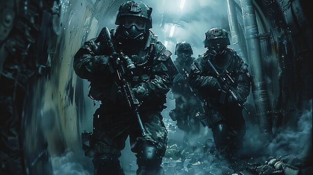 Deep within an underground bunker, a squad of commandos prepares to breach a fortified door. Generative AI.