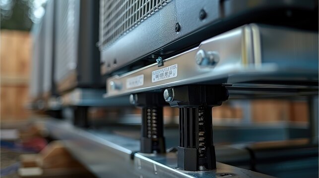 A close-up of anti-vibration mounts installed under a heat pump, highlighting their buffering capacity. Generative AI.