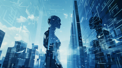 Futuristic architecture engineer using robot ai technology assistant development of modern city building structure, innovative idea efficient work teamwork dynamic blue double exposure background