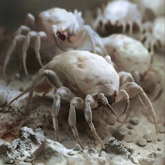 Macro Shot of House Dust Mites Crawling Among Dust Particles - obrazy, fototapety, plakaty