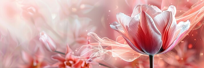 Close-up of a red and white tulip with abstract light effects on a gentle pink background