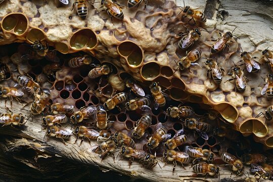 Detailed Macro Photograph of Varroa Mites Infesting Honeybee Colony in Beehive Comb