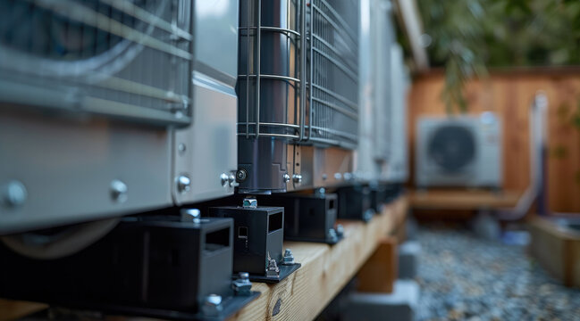A close-up of anti-vibration mounts installed under a heat pump, highlighting their buffering capacity. Generative AI.