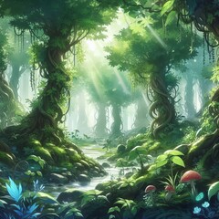 fantasy green forest plant anime background  Illustration vector Generative Ai