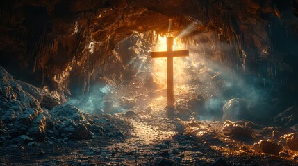 A cross in a cave in the sun and dust The concept of Jesus rising from the tomb