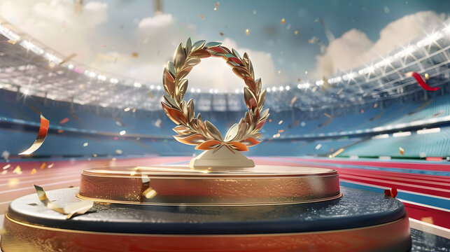 A podium with gold Olympic medal and laurel wreaths on open stadium