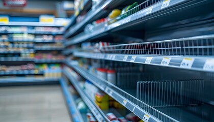 an empty shelf for product placement in the supermarket with blurred background 