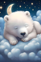 Polar Bear Baby, Ice bear, fantasy, cute bear, kidsdesign, art, KI, AI, wallart, sleeping litte bear, moon, cloud