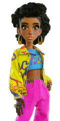 Cute fashion afro lady character in 90s sylish look on transparent background.