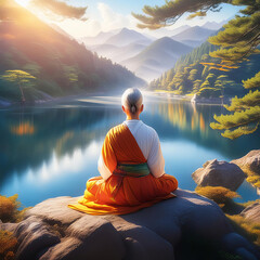 Generated image of a Buddhist monk/nun sitting and meditating in a lake and forest region.