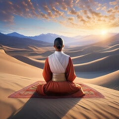 Generated image of a Buddhist monk/nun sitting and meditating in a desert dunes region.