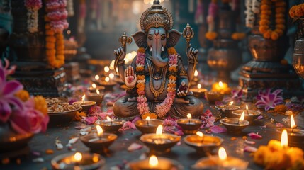 Obraz premium Lively Ganesha Surrounded by lights, diyas and decorations. It emphasizes their role in Hindu religious celebrations.