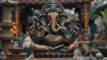 Obraz premium Ganesha statue made of brass placed on a wooden base. It is a symbol of wisdom and learning. It has an elephant's head and many arms.