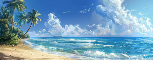 Fototapeta na wymiar a painting of a tropical beach with palm trees