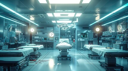Obraz premium A modern hospital operating room with advanced surgical equipment laid out on sterile tables. Bright overhead lights. Include details like heart rate monitors and IV bags. Generative AI.