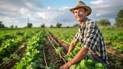 Agricultural Scientist Examining Plant Growth in Field, Focused on Soil Quality and Crop Health