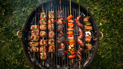 Barbecue grill with different types of meat and sausage on the green grass background, top view, closeup shot. Summer and green grassy field.