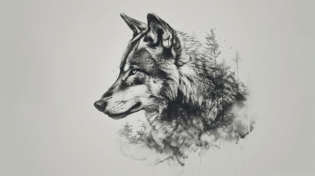 Artistic rendition of a wolf tattoo, embodying loyalty and the spirit of the pack, inked with high contrast, showcased on a simple, clear backdrop