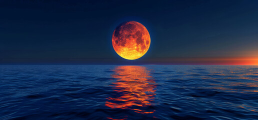 an orange moon rising over the ocean at night