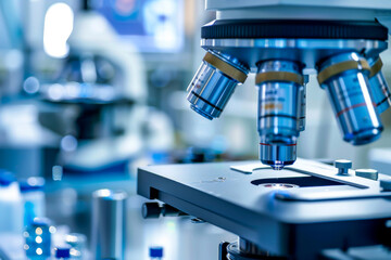 A microscope with a blue lens is on a table