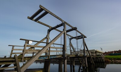 Wooden drawbridge near Vikings Museum in Roskilde, Denmark